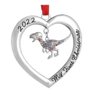 Christmas Ornament Dinosaur for Baby’s First Christmas 2022 Silver Heart with Ha